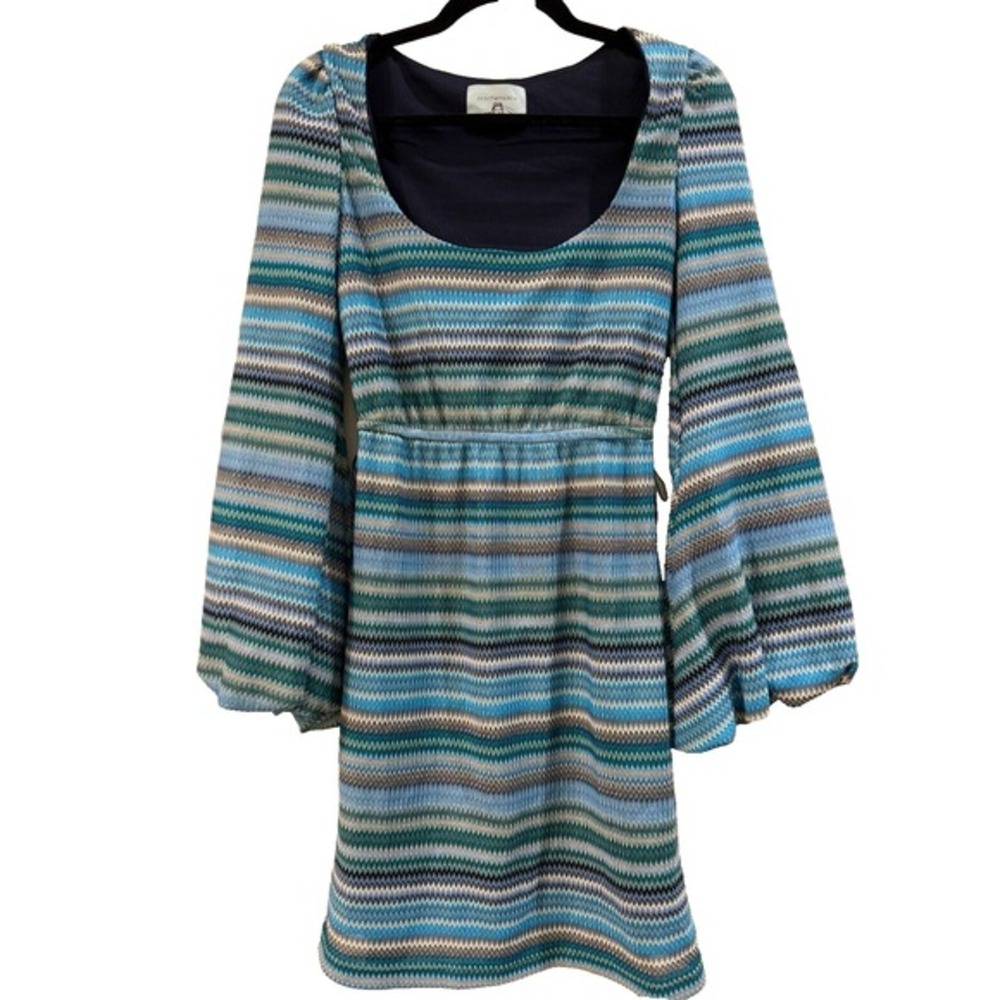 Judith March‎ Blue Chevron Knit Mini Dress Bell Sleeve Boho Scoop Neck Women's M